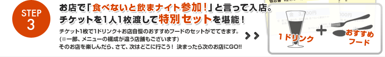 Step3.お店で「食べないと飲まナイト参加！」と言って入店。チケットを1人1枚渡して特別セットを堪能！
